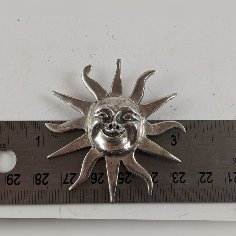 925 Sterling Silver Smiling Sun Mexico Brooch - Picture 11 of 11